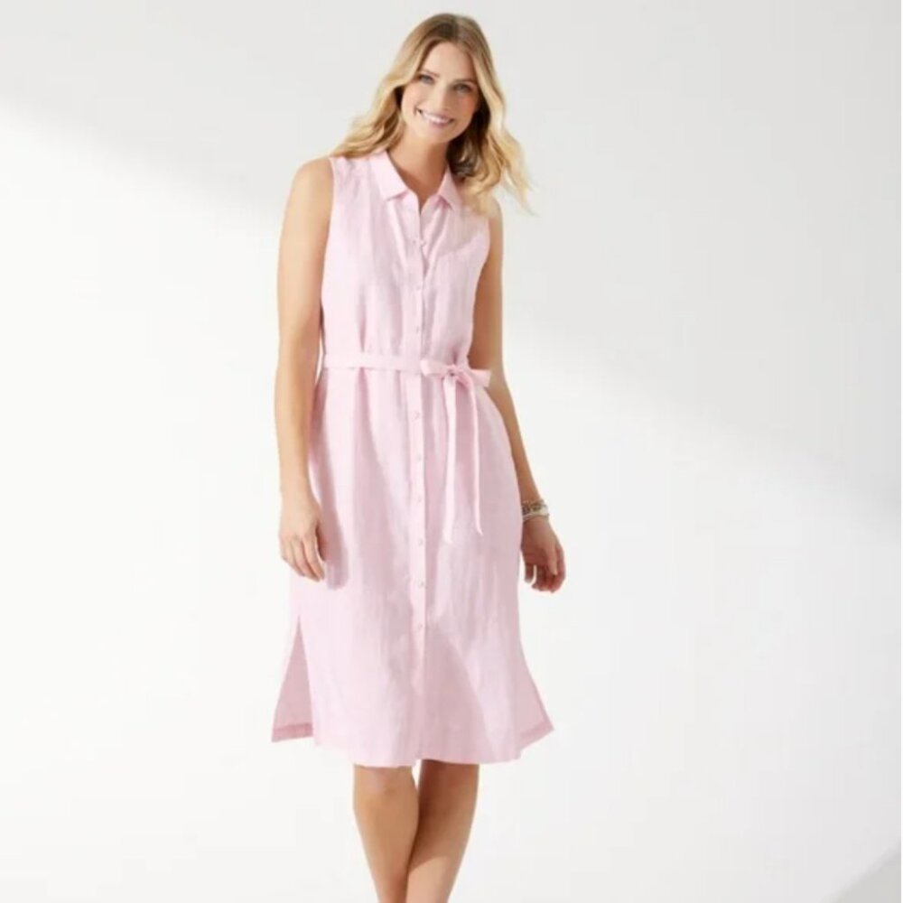 Tommy Bahama Womens Ventana Plaid Shirt Dress L Pink Linen Sleeveless Po…